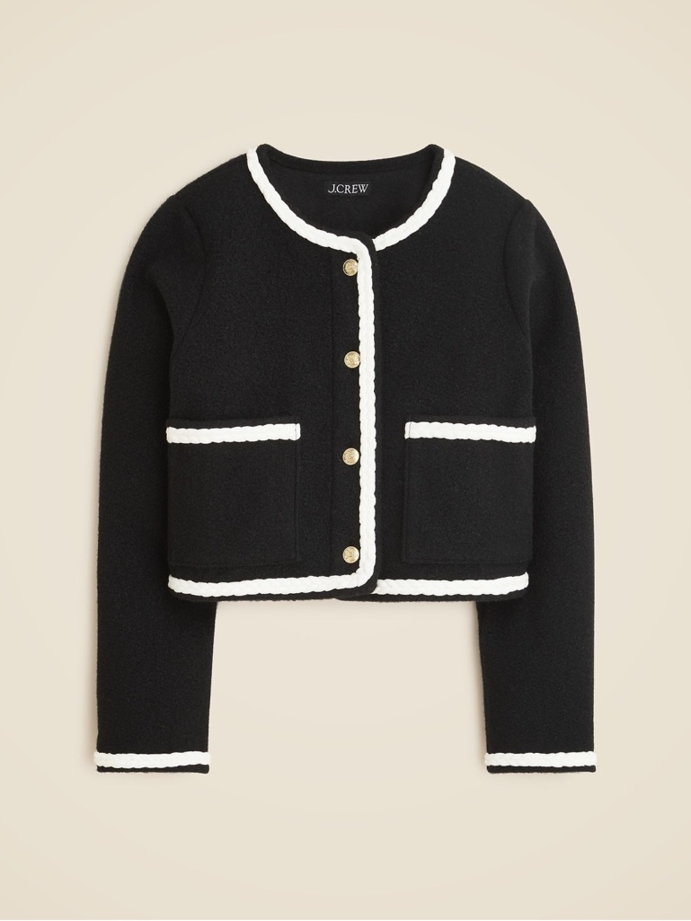 J. Crew Black Bouclé Cropped Jacket with White Trim